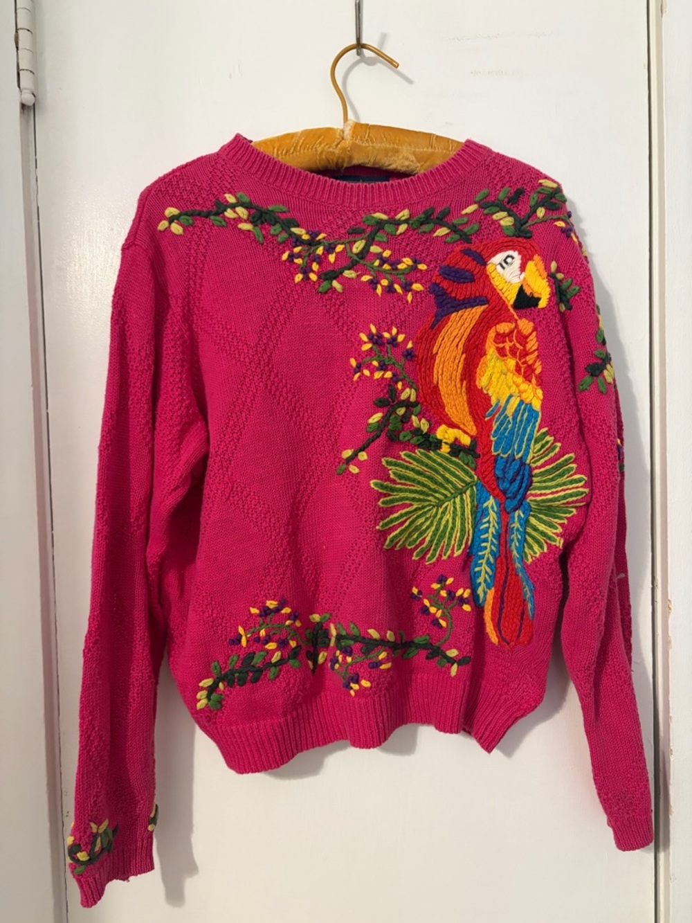 Women’s Pink Embroidered Parrot Sweater